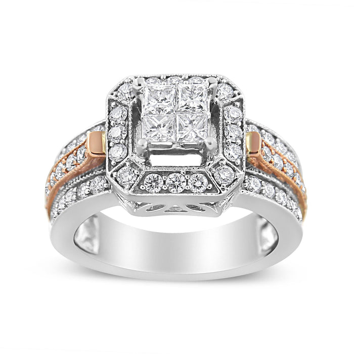 1 1/8 Ct. T.W. Princess and Round-Cut Diamond Art Deco Style Triple Shank Halo Cocktail Ring in 14K White and Rose Gold, photo 1