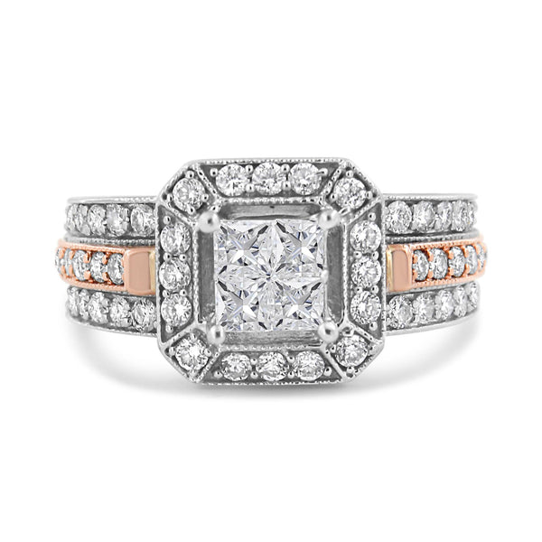 1 1/8 Ct. T.W. Princess and Round-Cut Diamond Art Deco Style Triple Shank Halo Cocktail Ring in 14K White and Rose Gold, photo 2