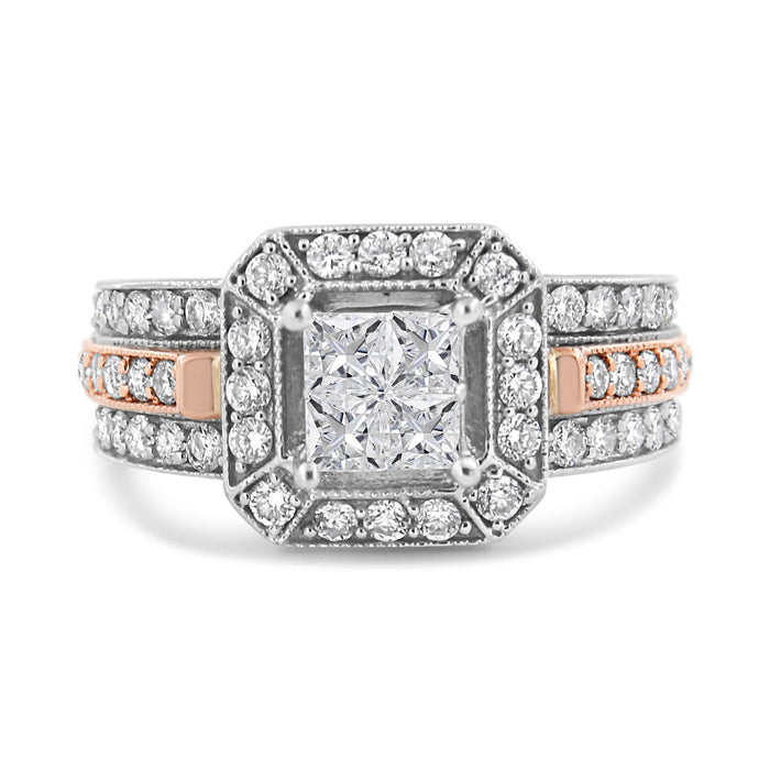 1 1/8 Ct. T.W. Princess and Round-Cut Diamond Art Deco Style Triple Shank Halo Cocktail Ring in 14K White and Rose Gold, photo 2