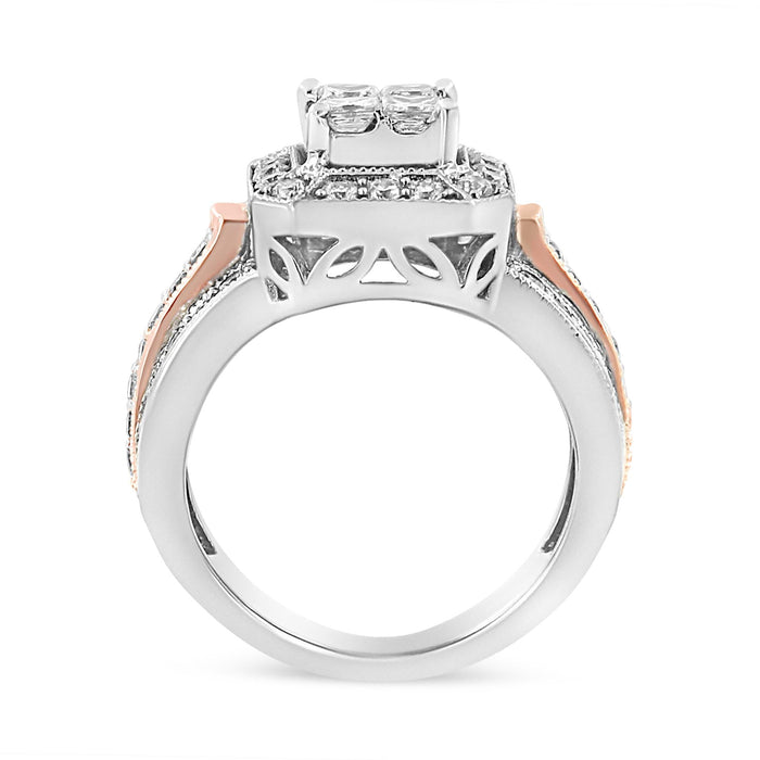 1 1/8 Ct. T.W. Princess and Round-Cut Diamond Art Deco Style Triple Shank Halo Cocktail Ring in 14K White and Rose Gold, photo 5