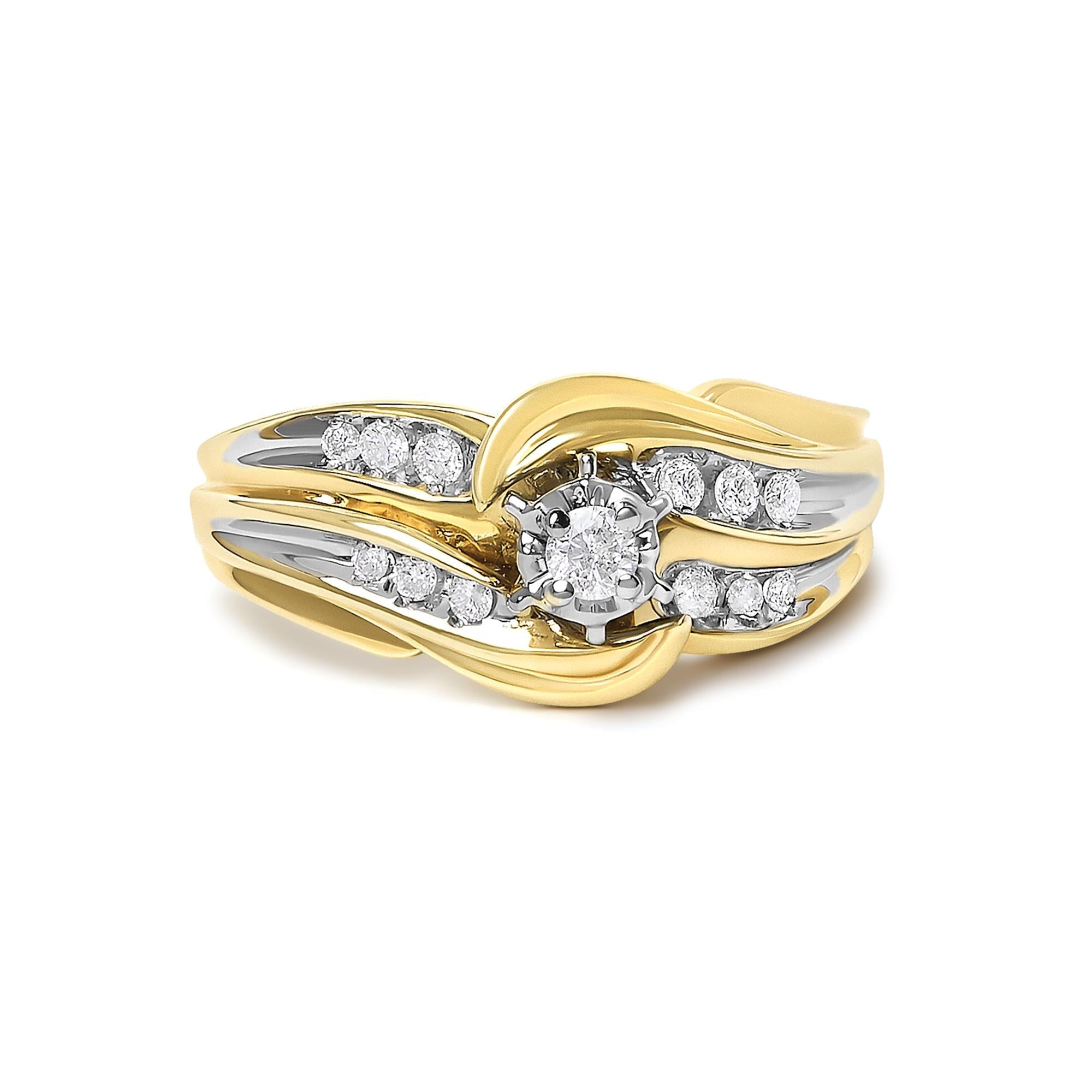 Anillo bypass con motivo de ola con diamantes redondos de 1/4 ct. p.t. en oro amarillo de 14K, foto 1