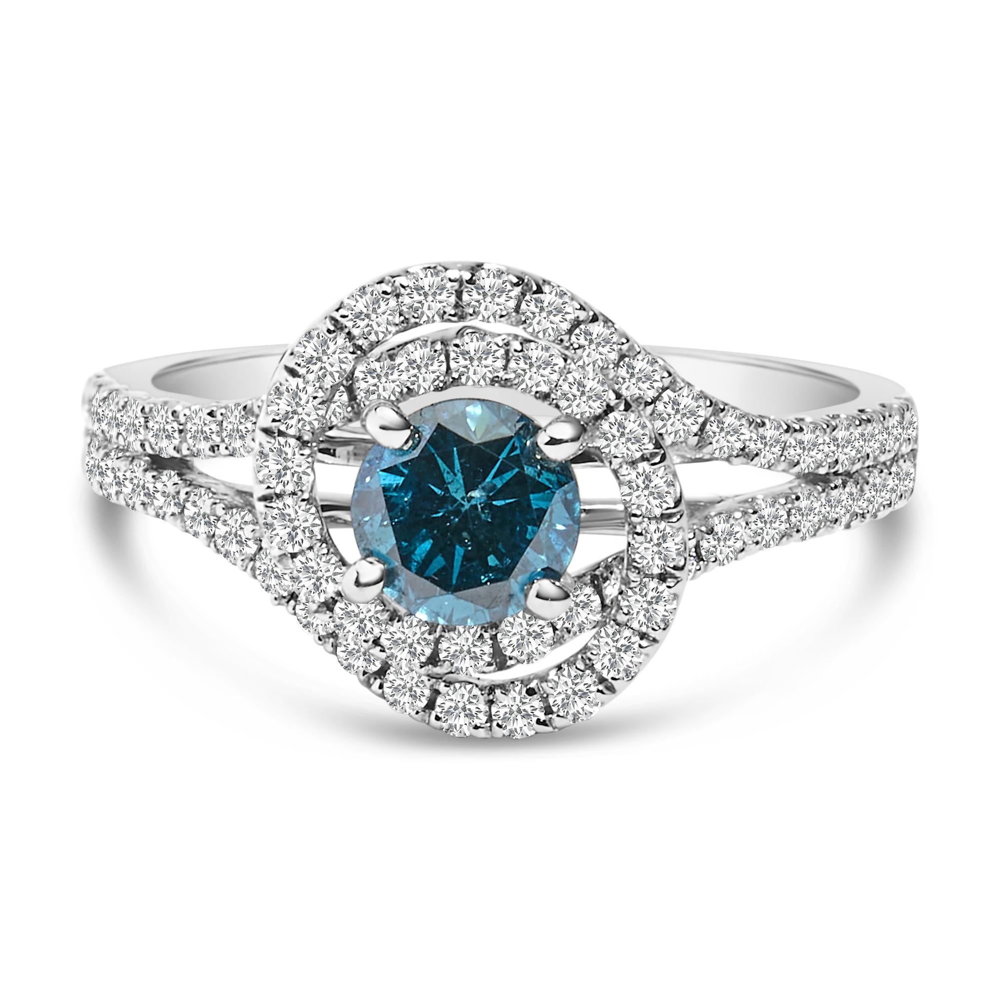 1 1/3 Ct. T.W. White and Treated Blue Diamond Interweaving Double Halo Cocktail Statement Ring in 14K White Gold, photo 1
