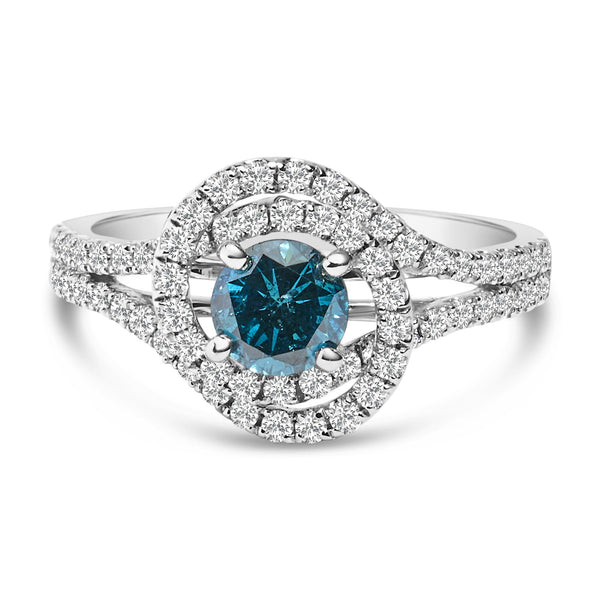 1 1/3 Ct. T.W. White and Treated Blue Diamond Interweaving Double Halo Cocktail Statement Ring in 14K White Gold, photo 1