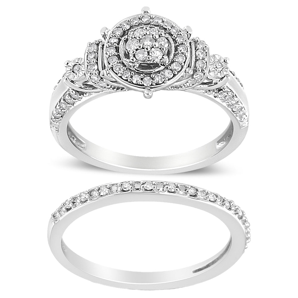 Conjunto de anillo de compromiso y de boda de racimo de 7 piedras y halo con diamantes de 1/3 ct. p.t. en plata de ley, foto 1
