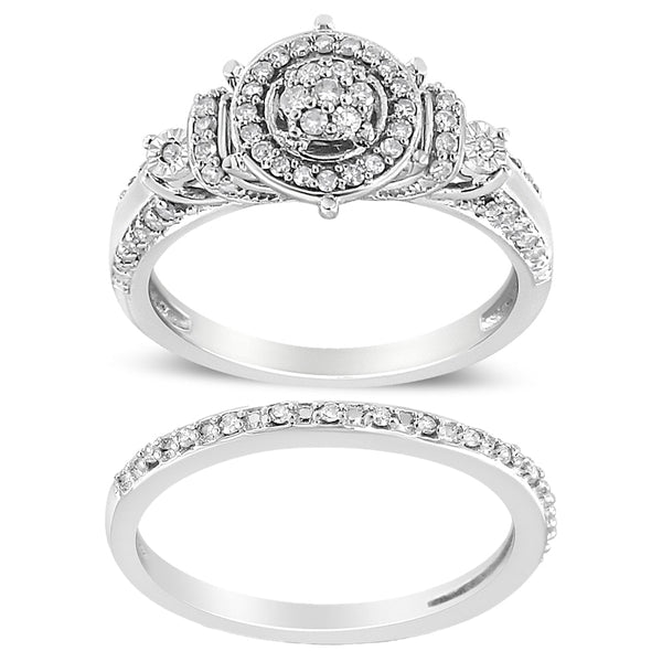 Conjunto de anillo de compromiso y de boda de racimo de 7 piedras y halo con diamantes de 1/3 ct. p.t. en plata de ley, foto 1