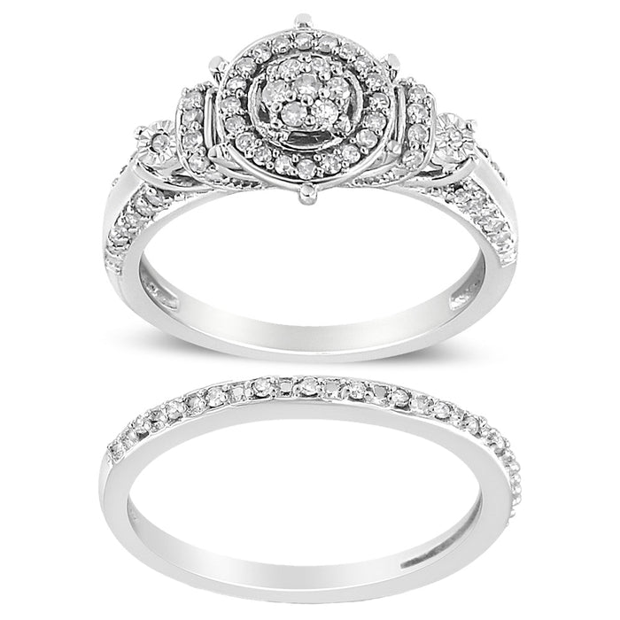 Conjunto de anillo de compromiso y de boda de racimo de 7 piedras y halo con diamantes de 1/3 ct. p.t. en plata de ley, foto 1