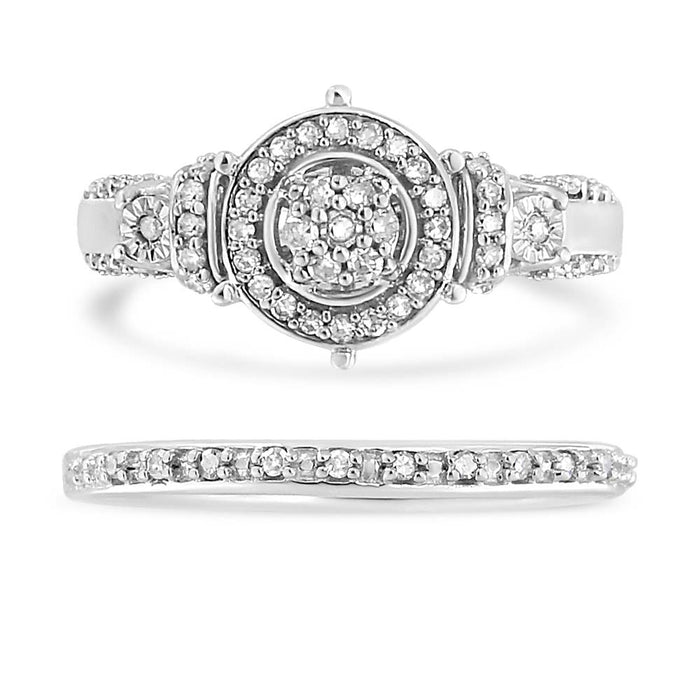 Conjunto de anillo de compromiso y de boda de racimo de 7 piedras y halo con diamantes de 1/3 ct. p.t. en plata de ley, foto 2