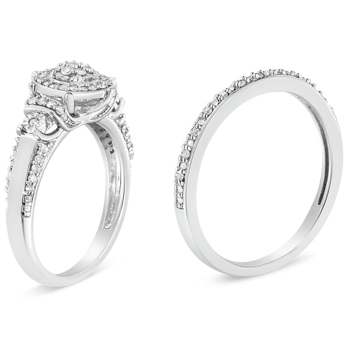 Conjunto de anillo de compromiso y de boda de racimo de 7 piedras y halo con diamantes de 1/3 ct. p.t. en plata de ley, foto 5