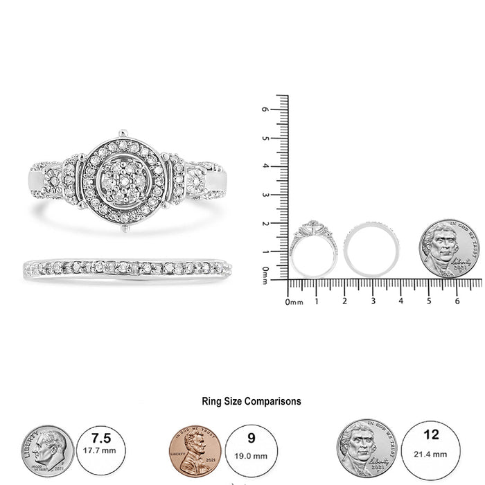 Conjunto de anillo de compromiso y de boda de racimo de 7 piedras y halo con diamantes de 1/3 ct. p.t. en plata de ley, foto 6
