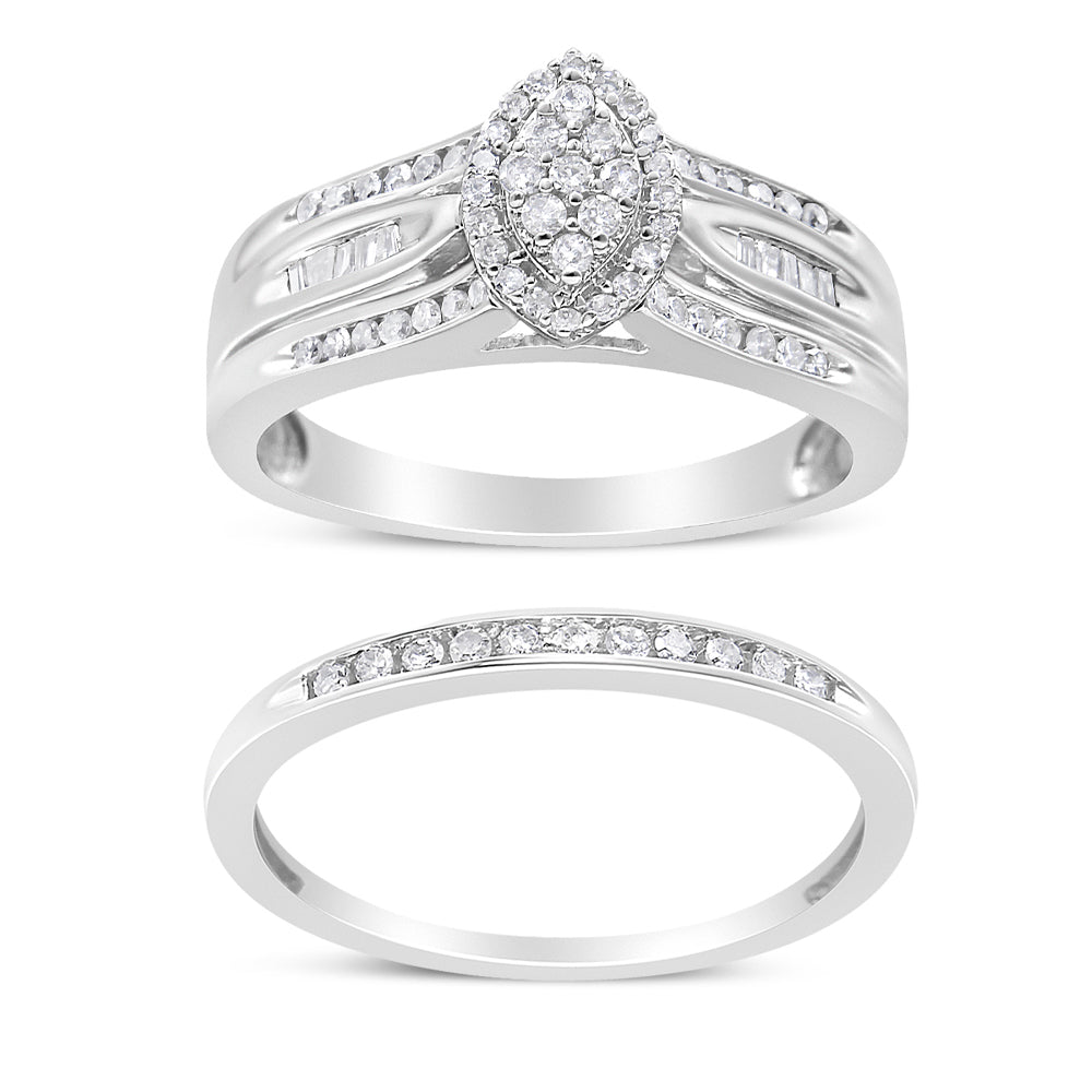 Conjunto nupcial de compromiso con diamantes redondos y talla baguette de 1/2 ct. p.t. en plata de ley, foto 1