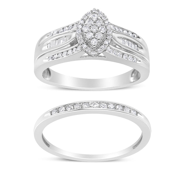 Conjunto nupcial de compromiso con diamantes redondos y talla baguette de 1/2 ct. p.t. en plata de ley, foto 1
