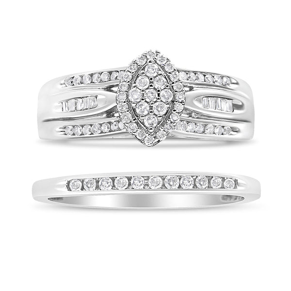 Conjunto nupcial de compromiso con diamantes redondos y talla baguette de 1/2 ct. p.t. en plata de ley, foto 2