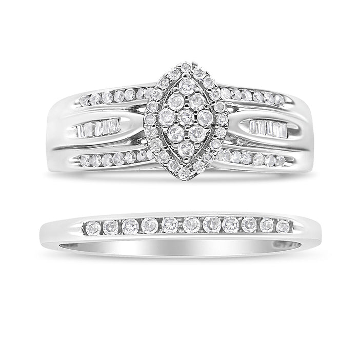 Conjunto nupcial de compromiso con diamantes redondos y talla baguette de 1/2 ct. p.t. en plata de ley, foto 2