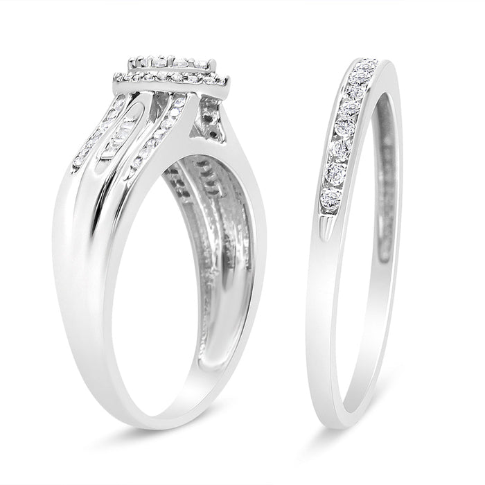 Conjunto nupcial de compromiso con diamantes redondos y talla baguette de 1/2 ct. p.t. en plata de ley, foto 4