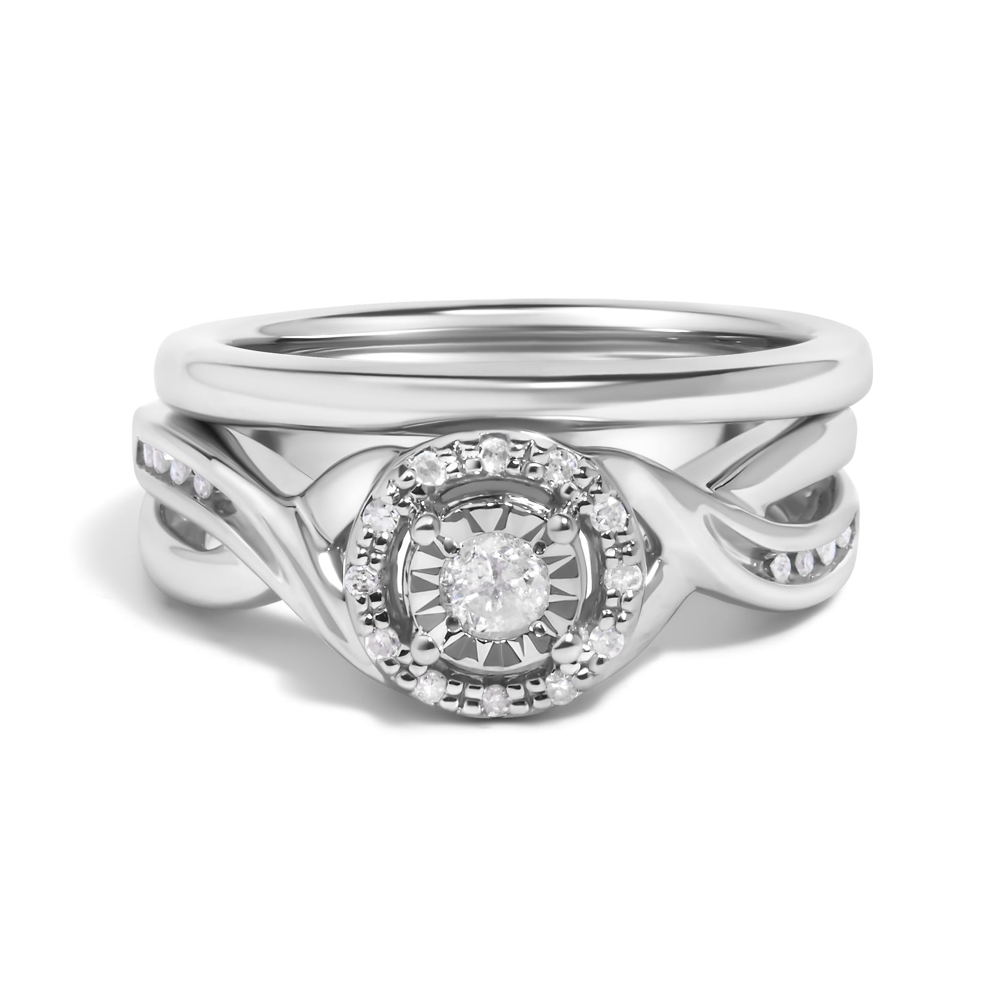 Conjunto de anillo de compromiso y banda de boda de halo bypass con diamantes de 1/7 ct. p.t. en plata de ley, foto 1