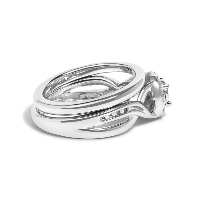 Conjunto de anillo de compromiso y banda de boda de halo bypass con diamantes de 1/7 ct. p.t. en plata de ley, foto 2