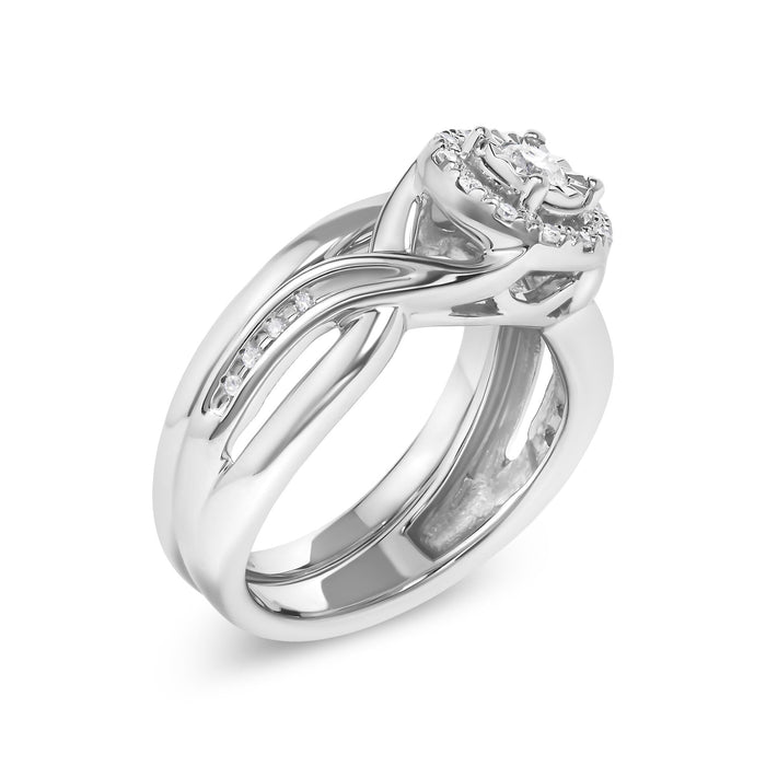 Conjunto de anillo de compromiso y banda de boda de halo bypass con diamantes de 1/7 ct. p.t. en plata de ley, foto 4