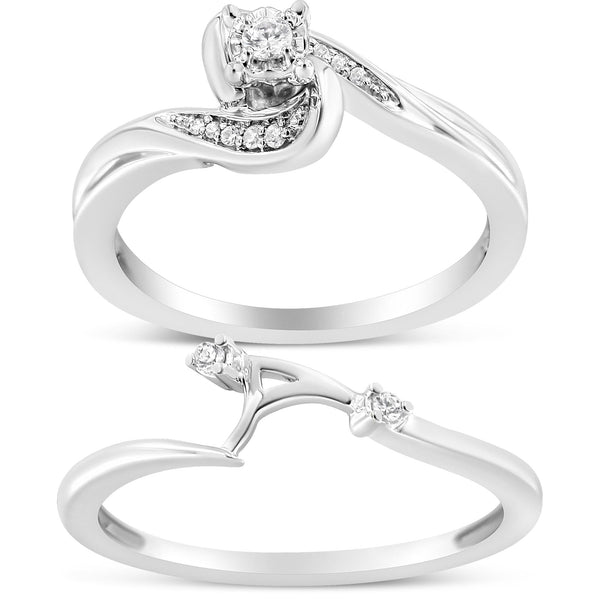 Conjunto nupcial de anillo y banda de remolino y bypass con diamantes de 1/10 ct. p.t. en plata de ley, foto 1