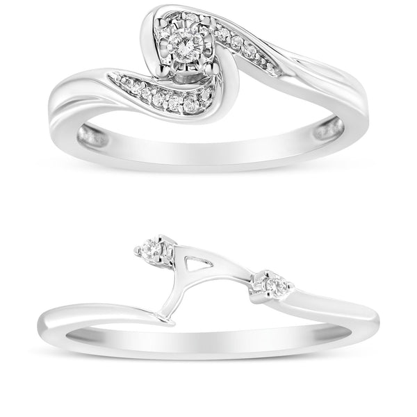 Conjunto nupcial de anillo y banda de remolino y bypass con diamantes de 1/10 ct. p.t. en plata de ley, foto 2