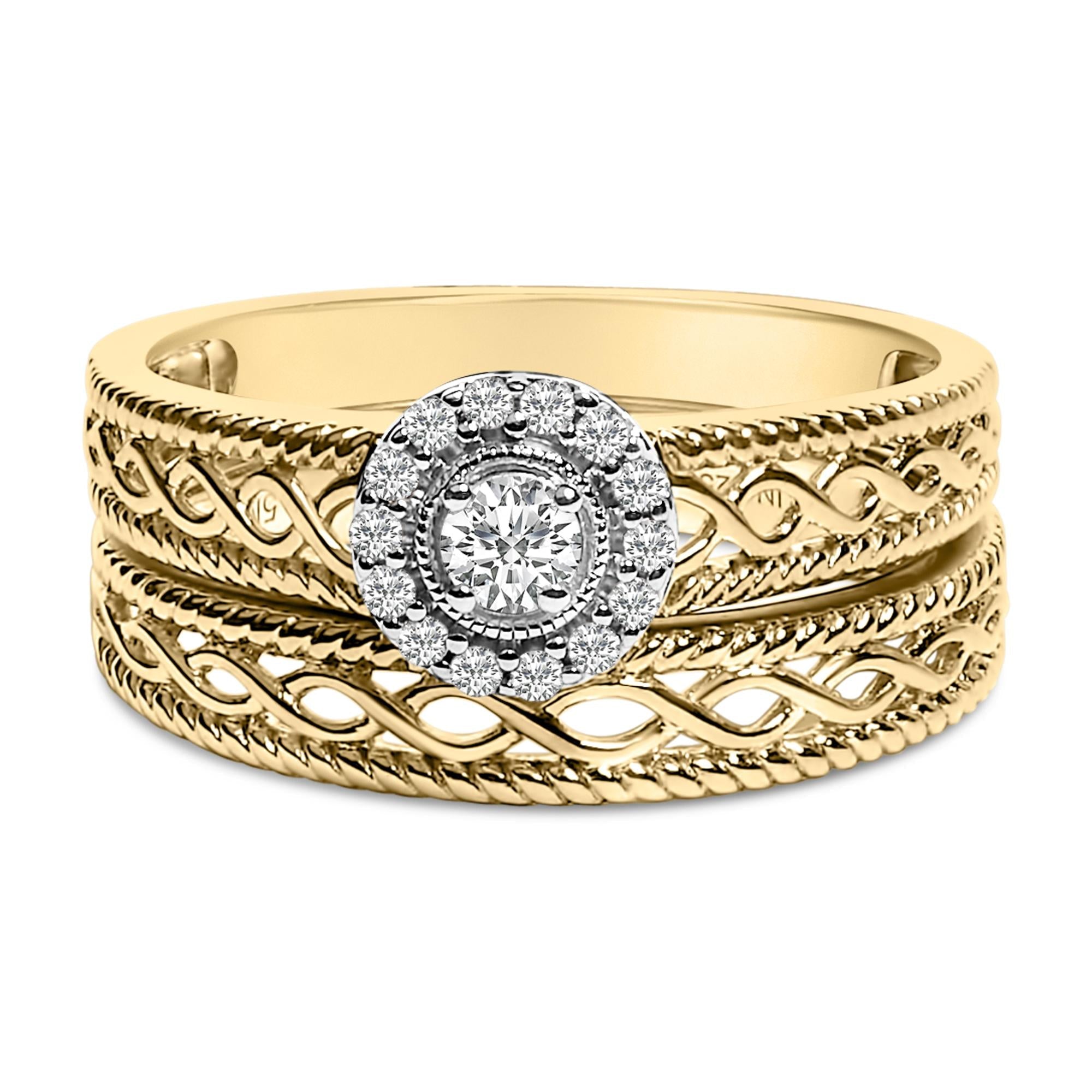 1/5 Ct. T.W. Diamond Halo Engagement Ring and Wedding Band Set in 14K Yellow Gold-Plated Sterling Silver, photo 1