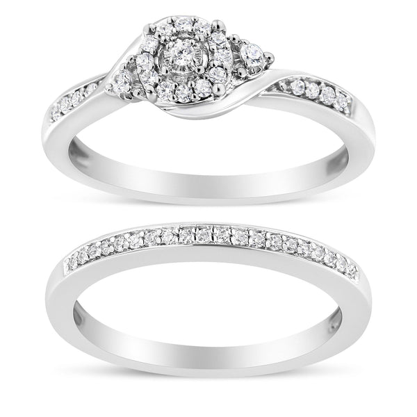 Conjunto de anillo de compromiso y banda de boda de halo y remolino con diamantes de 1/4 ct. p.t. en plata de ley, foto 1