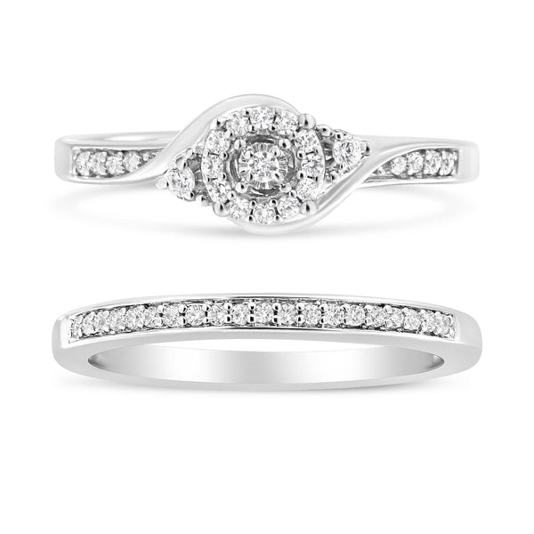 Conjunto de anillo de compromiso y banda de boda de halo y remolino con diamantes de 1/4 ct. p.t. en plata de ley, foto 2