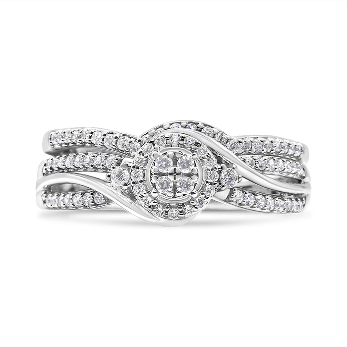 Conjunto nupcial de anillo y banda bypass con marco de diamantes en racimo de 1/3 ct. p.t. en plata de ley, foto 5