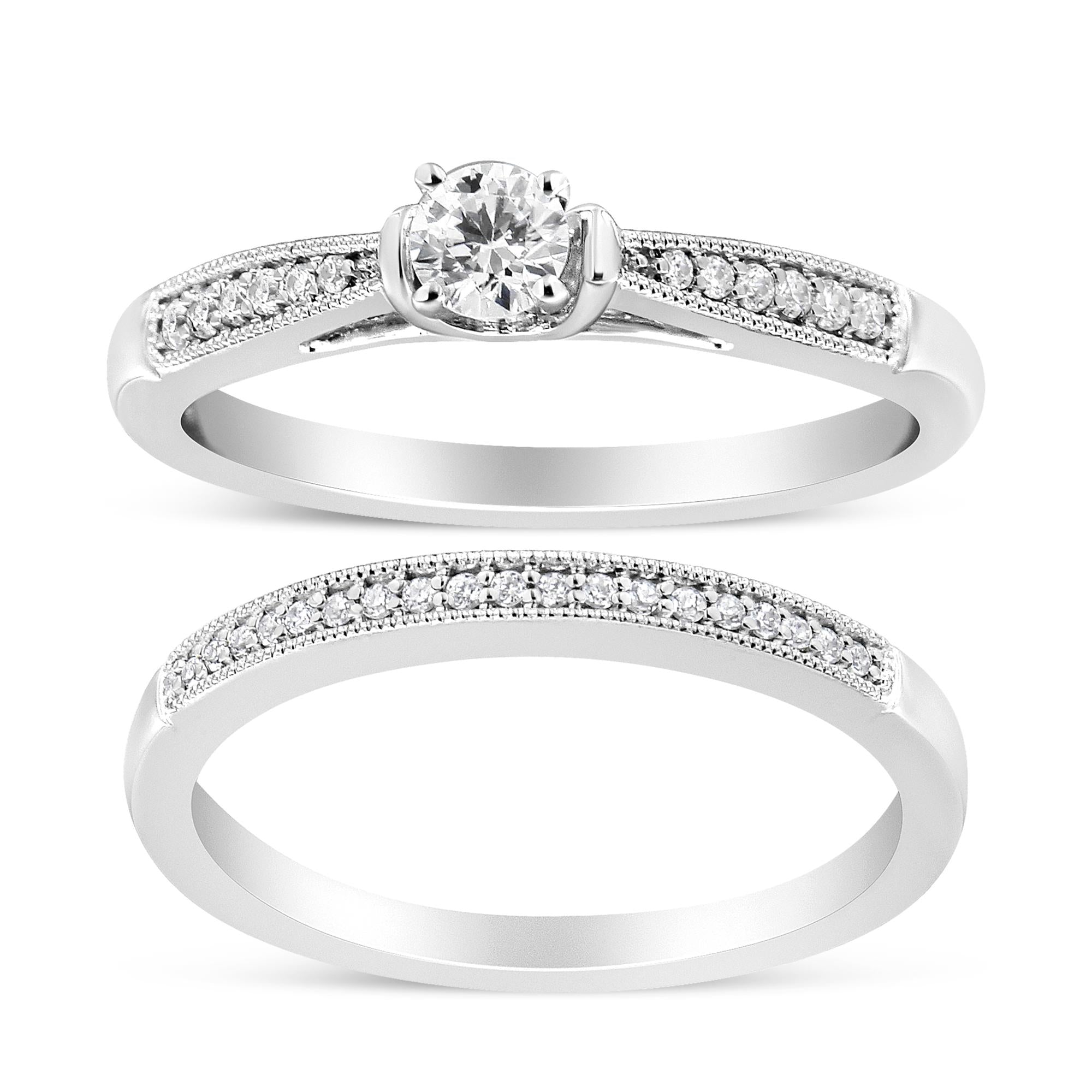 Conjunto nupcial clásico de anillo de compromiso con milgrano y diamantes de 1/3 ct. p.t. en plata de ley, foto 1