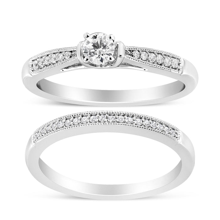 Conjunto nupcial clásico de anillo de compromiso con milgrano y diamantes de 1/3 ct. p.t. en plata de ley, foto 1