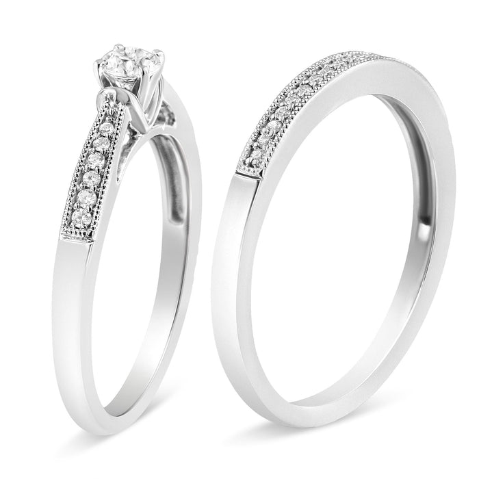 Conjunto nupcial clásico de anillo de compromiso con milgrano y diamantes de 1/3 ct. p.t. en plata de ley, foto 4