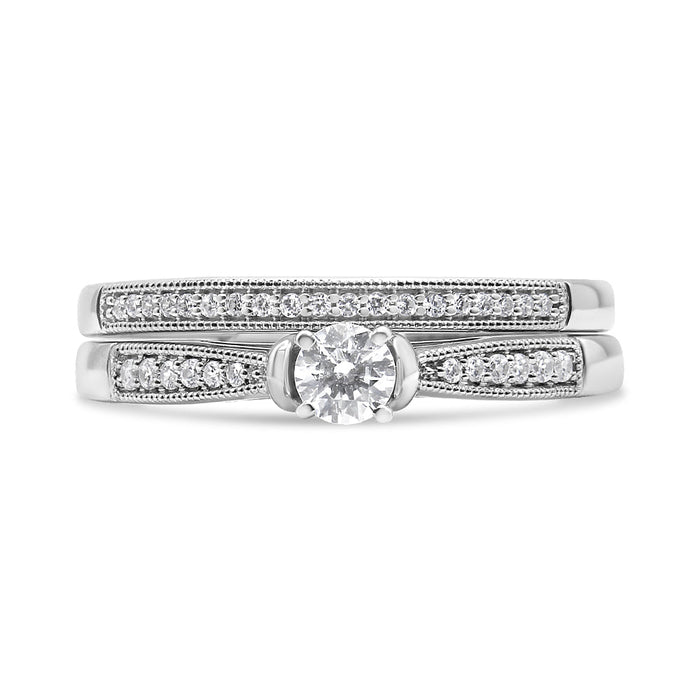 Conjunto nupcial clásico de anillo de compromiso con milgrano y diamantes de 1/3 ct. p.t. en plata de ley, foto 5