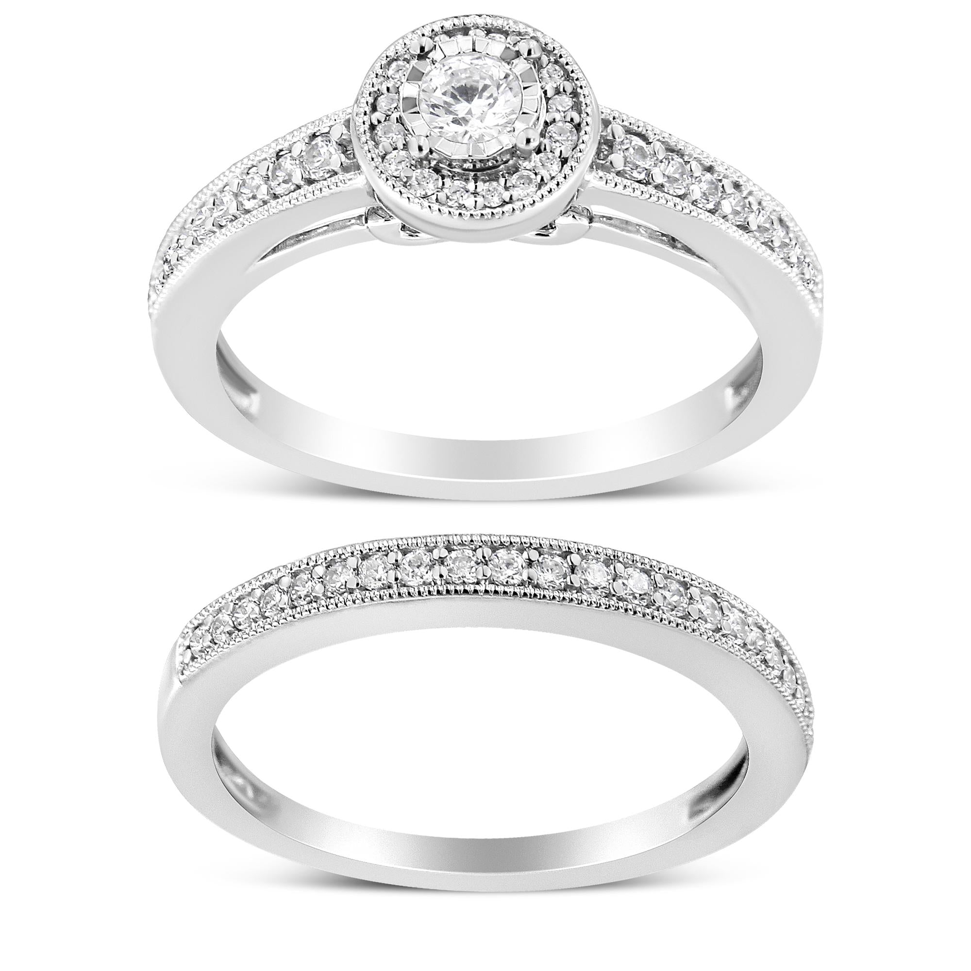 1/2 Ct. T.W. Diamond Halo and Milgrain Engagement Ring Bridal Set in Sterling Silver, photo 1