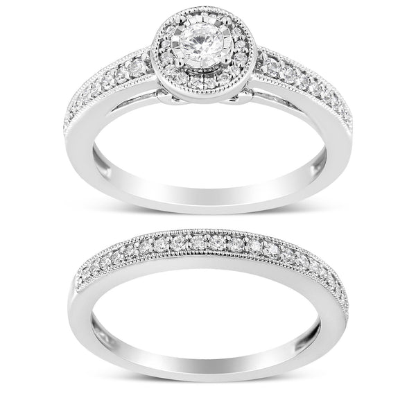 Conjunto nupcial con anillo de compromiso de halo y milgrain con diamantes de 1/2 ct. p.t. en plata de ley, foto 1