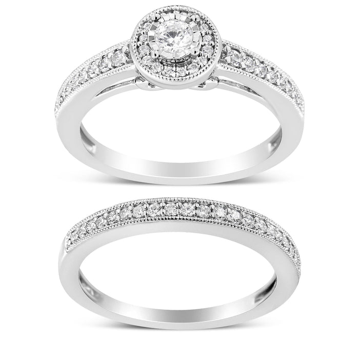 1/2 Ct. T.W. Diamond Halo and Milgrain Engagement Ring Bridal Set in Sterling Silver, photo 1