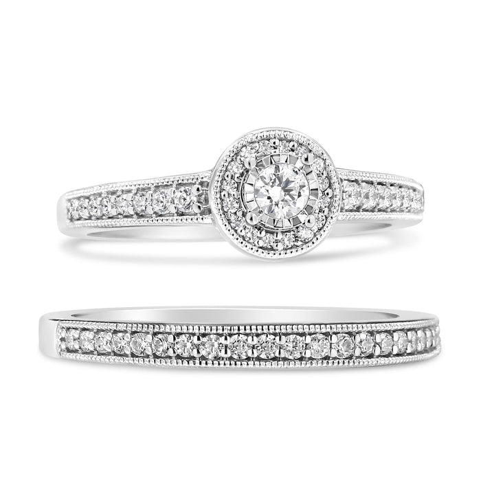 1/2 Ct. T.W. Diamond Halo and Milgrain Engagement Ring Bridal Set in Sterling Silver, photo 2