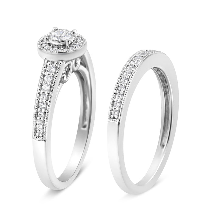 1/2 Ct. T.W. Diamond Halo and Milgrain Engagement Ring Bridal Set in Sterling Silver, photo 4