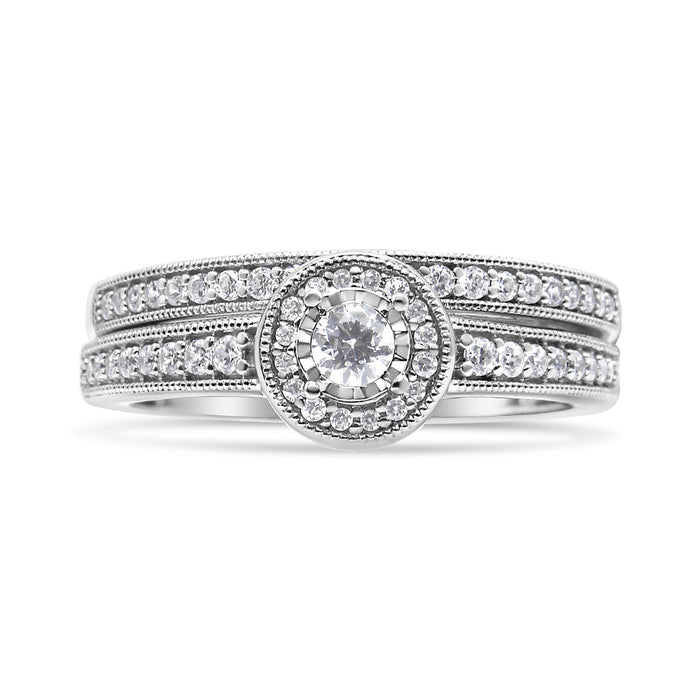 1/2 Ct. T.W. Diamond Halo and Milgrain Engagement Ring Bridal Set in Sterling Silver, photo 5