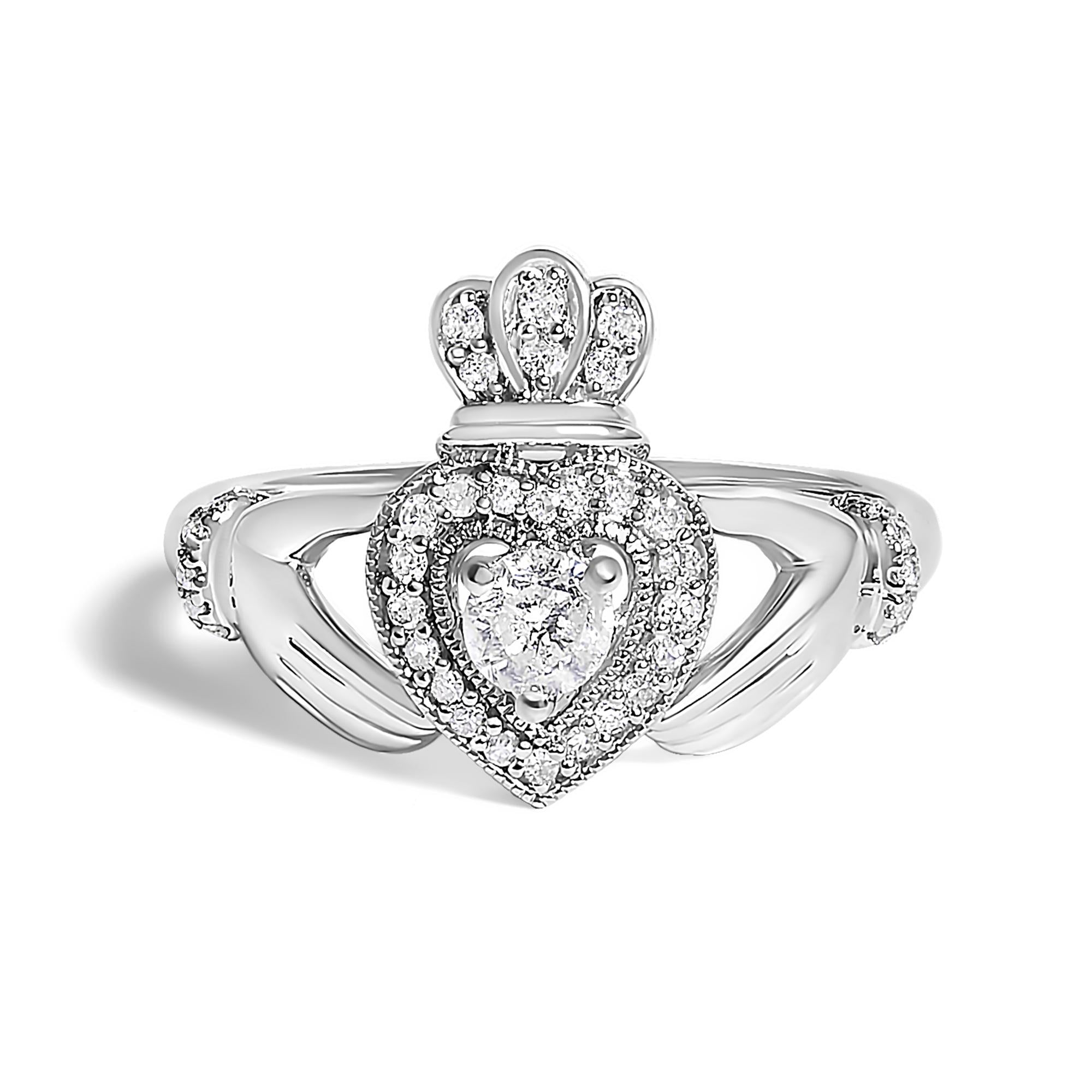 Anillo Claddagh de corazón con diamantes de 3/8 ct. p.t. en oro blanco de 14K, foto 1