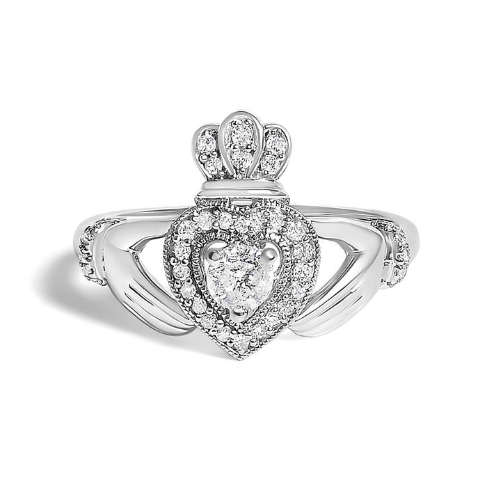 Anillo Claddagh de corazón con diamantes de 3/8 ct. p.t. en oro blanco de 14K, foto 1