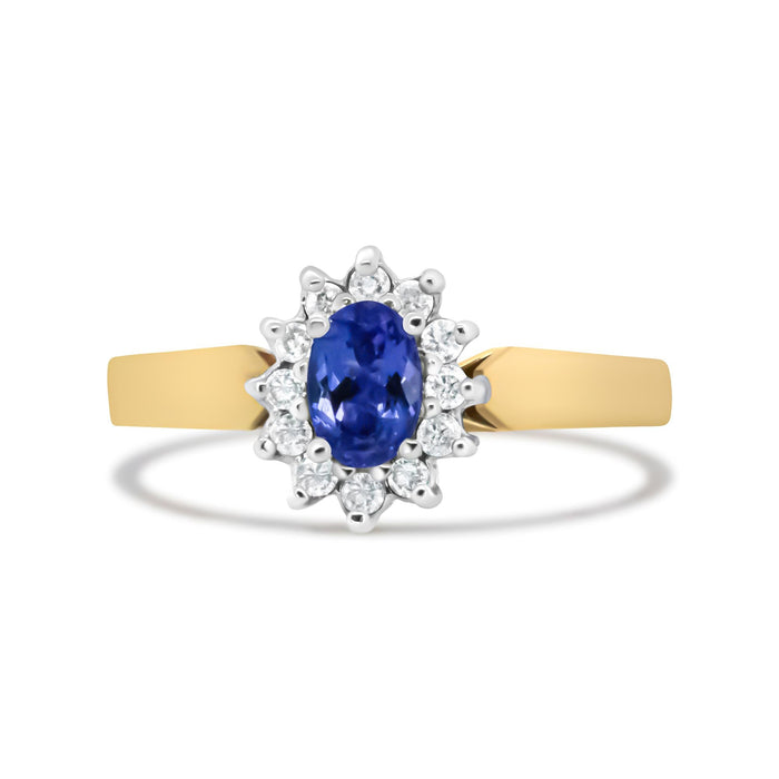 Anillo de halo con diamantes redondos de 1/5 ct. p.t. y tanzanita azul ovalada de 6x4mm en oro amarillo de 14K, color H-I, claridad I1-I2, foto 1