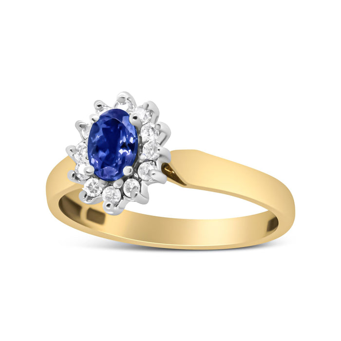 Anillo de halo con diamantes redondos de 1/5 ct. p.t. y tanzanita azul ovalada de 6x4mm en oro amarillo de 14K, color H-I, claridad I1-I2, foto 4