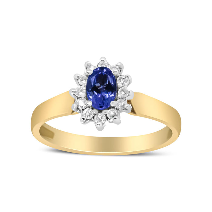 Anillo de halo con diamantes redondos de 1/5 ct. p.t. y tanzanita azul ovalada de 6x4mm en oro amarillo de 14K, color H-I, claridad I1-I2, foto 5