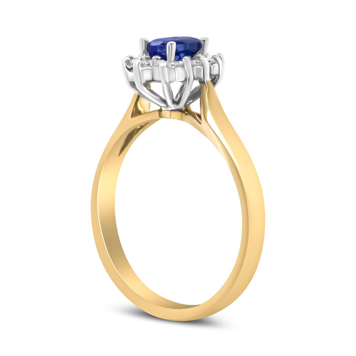 Anillo de halo con diamantes redondos de 1/5 ct. p.t. y tanzanita azul ovalada de 6x4mm en oro amarillo de 14K, color H-I, claridad I1-I2, foto 7