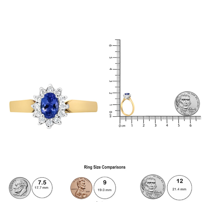 Anillo de halo con diamantes redondos de 1/5 ct. p.t. y tanzanita azul ovalada de 6x4mm en oro amarillo de 14K, color H-I, claridad I1-I2, foto 8