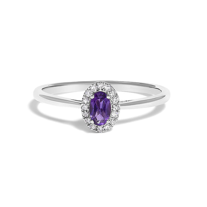 Anillo de halo con piedra natal ovalada de 5x3mm y detalle de diamante en oro blanco de 10K, foto 11
