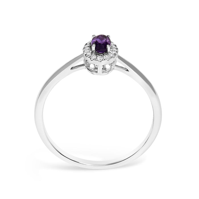 Anillo de halo con piedra natal ovalada de 5x3mm y detalle de diamante en oro blanco de 10K, foto 66