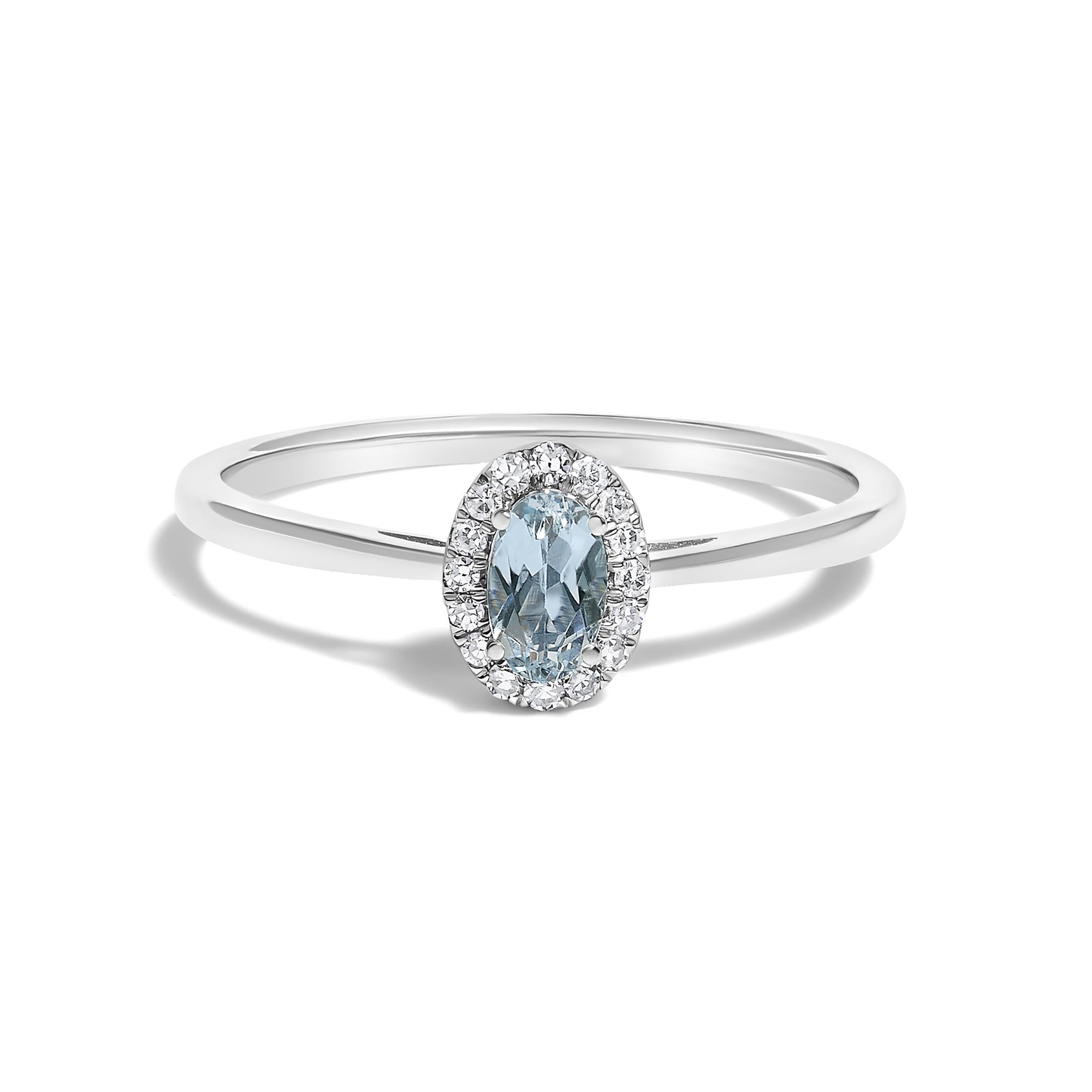 Anillo de halo con piedra natal ovalada de 5x3mm y detalle de diamante en oro blanco de 10K, foto 10