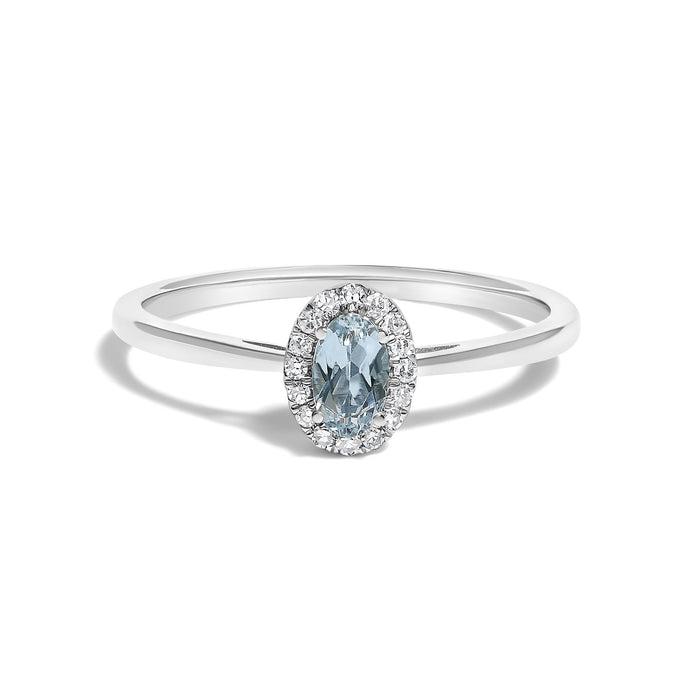 Anillo de halo con piedra natal ovalada de 5x3mm y detalle de diamante en oro blanco de 10K, foto 10