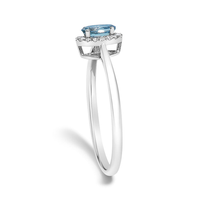 Anillo de halo con piedra natal ovalada de 5x3mm y detalle de diamante en oro blanco de 10K, foto 53