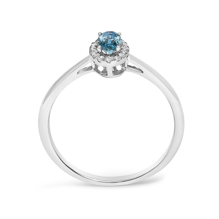 Anillo de halo con piedra natal ovalada de 5x3mm y detalle de diamante en oro blanco de 10K, foto 64